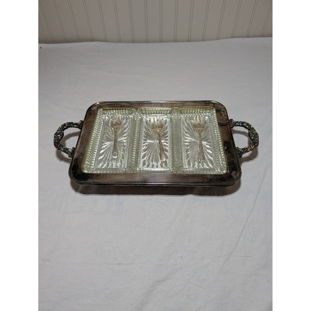 Vintage Silver Plated Relish Tray with 3 Glass Inserts and Cocktail Forks